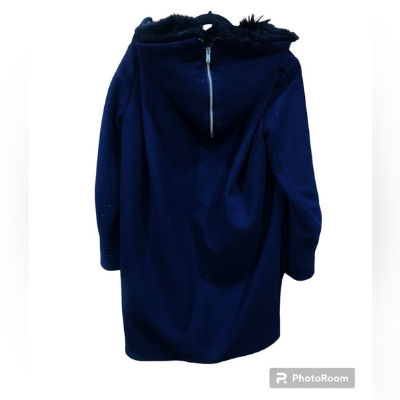 Club Monaco Navy Blue Lamb Fur Hooded Wool Coat Small - Picture 3 of 9